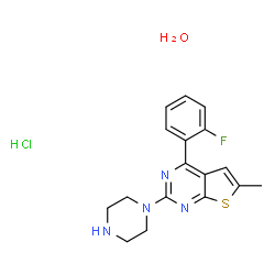ChemSpider 2D Image | 4-(2-Fluorophenyl)-6-methyl-2-(1-piperazinyl)thieno[2,3-d]pyrimidine hydrochloride hydrate | C17H20ClFN4OS