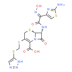 ChemSpider 2D Image | (6R,7R)-7-{[(2E)-2-(2-Amino-1,3-thiazol-4-yl)-2-(hydroxyimino)acetyl]amino}-8-oxo-3-{[(1H-1,2,3-triazol-4-ylsulfanyl)methyl]sulfanyl}-5-thia-1-azabicyclo[4.2.0]oct-2-ene-2-carboxylic acid | C15H14N8O5S4