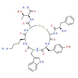 ChemSpider 2D Image | (4R,7S,10R,13S,16R)-7-(4-Aminobutyl)-N-[(2S,3R)-1-amino-3-hydroxy-1-oxo-2-butanyl]-13-(4-hydroxybenzyl)-10-(1H-indol-3-ylmethyl)-6,9,12,15-tetraoxo-16-(D-phenylalanylamino)-1,2-dithia-5,8,11,14-tetraa
zacycloheptadecane-4-carboxamide | C45H58N10O9S2