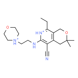 ChemSpider 2D Image | 5-Cyano-8-ethyl-3,3-dimethyl-6-{[2-(morpholin-4-ium-4-yl)ethyl]amino}-3,4-dihydro-1H-pyrano[3,4-c]pyridin-7-ium | C19H30N4O2