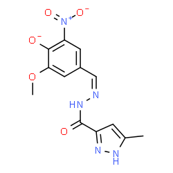 ChemSpider 2D Image | 2-Methoxy-4-[(Z)-{[(5-methyl-1H-pyrazol-3-yl)carbonyl]hydrazono}methyl]-6-nitrophenolate | C13H12N5O5