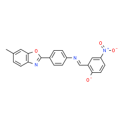 ChemSpider 2D Image | 2-[(E)-{[4-(6-Methyl-1,3-benzoxazol-2-yl)phenyl]imino}methyl]-4-nitrophenolate | C21H14N3O4