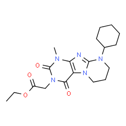 ChemSpider 2D Image | Ethyl (9-cyclohexyl-1-methyl-2,4-dioxo-1,4,6,7,8,9-hexahydropyrimido[2,1-f]purin-3(2H)-yl)acetate | C19H27N5O4