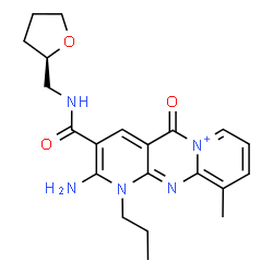 ChemSpider 2D Image | 2-Amino-10-methyl-5-oxo-1-propyl-3-{[(2R)-tetrahydro-2-furanylmethyl]carbamoyl}-1,5-dihydrodipyrido[1,2-a:2',3'-d]pyrimidin-6-ium | C21H26N5O3