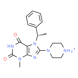 ChemSpider 2D Image | 4-{3-Methyl-2,6-dioxo-7-[(1S)-1-phenylethyl]-2,3,6,7-tetrahydro-1H-purin-8-yl}piperazin-1-ium | C18H23N6O2