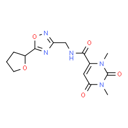 ChemSpider 2D Image | 1,3-Dimethyl-2,6-dioxo-N-{[5-(tetrahydro-2-furanyl)-1,2,4-oxadiazol-3-yl]methyl}-1,2,3,6-tetrahydro-4-pyrimidinecarboxamide | C14H17N5O5