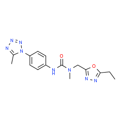 ChemSpider 2D Image | 1-[(5-Ethyl-1,3,4-oxadiazol-2-yl)methyl]-1-methyl-3-[4-(5-methyl-1H-tetrazol-1-yl)phenyl]urea | C15H18N8O2