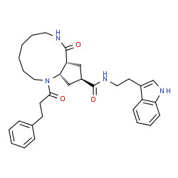 ChemSpider 2D Image | (9aR,11R,12aS)-N-[2-(1H-Indol-3-yl)ethyl]-9-oxo-1-(3-phenylpropanoyl)tetradecahydrocyclopenta[b][1,5]diazacycloundecine-11-carboxamide | C32H40N4O3