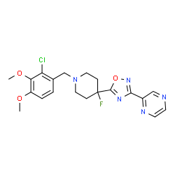 ChemSpider 2D Image | 2-{5-[1-(2-Chloro-3,4-dimethoxybenzyl)-4-fluoro-4-piperidinyl]-1,2,4-oxadiazol-3-yl}pyrazine | C20H21ClFN5O3