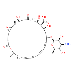 ChemSpider 2D Image | (1S,2Z,6S,8Z,10Z,12Z,14Z,16S,18S,19S,20R,24R,26R)-16-[(3-Amino-3,6-dideoxy-beta-D-mannopyranosyl)oxy]-18,20,24-trihydroxy-6-methyl-4,22-dioxo-5,27-dioxabicyclo[24.1.0]heptacosa-2,8,10,12,14-pentaene-1
9-carboxylic acid | C33H47NO13