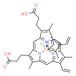 ChemSpider 2D Image | Chloro[3,3'-(3,7,12,17-tetramethyl-8,13-divinyl-2,18-porphyrindiyl-kappa~4~N~21~,N~22~,N~23~,N~24~)dipropanoato(2-)]iron | C34H32ClFeN4O4