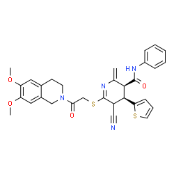 ChemSpider 2D Image | (3S,4R)-5-Cyano-6-{[2-(6,7-dimethoxy-3,4-dihydro-2(1H)-isoquinolinyl)-2-oxoethyl]sulfanyl}-2-methylene-N-phenyl-4-(2-thienyl)-2,3,4,5-tetrahydro-3-pyridinecarboxamide | C31H30N4O4S2
