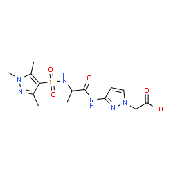 ChemSpider 2D Image | [3-({N-[(1,3,5-Trimethyl-1H-pyrazol-4-yl)sulfonyl]alanyl}amino)-1H-pyrazol-1-yl]acetic acid | C14H20N6O5S