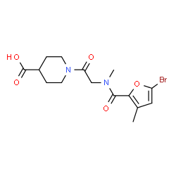 ChemSpider 2D Image | 1-[N-(5-Bromo-3-methyl-2-furoyl)-N-methylglycyl]-4-piperidinecarboxylic acid | C15H19BrN2O5