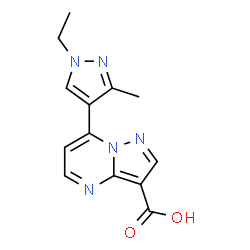 ChemSpider 2D Image | 7-(1-ethyl-3-methylpyrazol-4-yl)pyrazolo[1,5-a]pyrimidine-3-carboxylic acid | C13H13N5O2