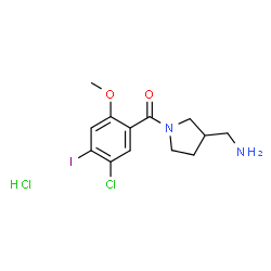 ChemSpider 2D Image | [3-(Aminomethyl)-1-pyrrolidinyl](5-chloro-4-iodo-2-methoxyphenyl)methanone hydrochloride (1:1) | C13H17Cl2IN2O2