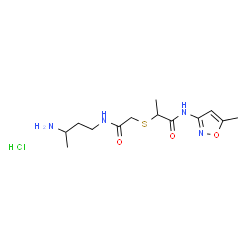 ChemSpider 2D Image | 2-({2-[(3-Aminobutyl)amino]-2-oxoethyl}sulfanyl)-N-(5-methyl-1,2-oxazol-3-yl)propanamide hydrochloride (1:1) | C13H23ClN4O3S