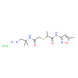 ChemSpider 2D Image | 2-({2-[(1-Amino-2-methyl-2-propanyl)amino]-2-oxoethyl}sulfanyl)-N-(5-methyl-1,2-oxazol-3-yl)propanamide hydrochloride (1:1) | C13H23ClN4O3S