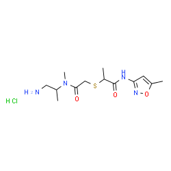 ChemSpider 2D Image | 2-({2-[(1-Amino-2-propanyl)(methyl)amino]-2-oxoethyl}sulfanyl)-N-(5-methyl-1,2-oxazol-3-yl)propanamide hydrochloride (1:1) | C13H23ClN4O3S