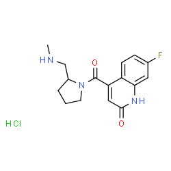 ChemSpider 2D Image | 7-Fluoro-4-({2-[(methylamino)methyl]-1-pyrrolidinyl}carbonyl)-2(1H)-quinolinone hydrochloride (1:1) | C16H19ClFN3O2