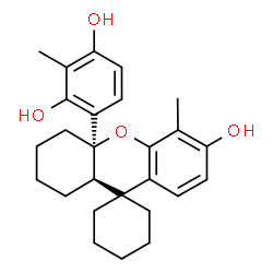 ChemSpider 2D Image | 4-[(4a'R,9a'R)-6'-Hydroxy-5'-methyl-1',3',4',9a'-tetrahydrospiro[cyclohexane-1,9'-xanthen]-4a'(2'H)-yl]-2-methyl-1,3-benzenediol | C26H32O4