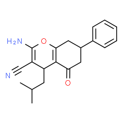 ChemSpider 2D Image | 2-Amino-4-isobutyl-5-oxo-7-phenyl-5,6,7,8-tetrahydro-4H-chromene-3-carbonitrile | C20H22N2O2
