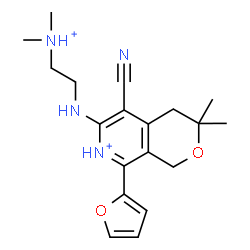 ChemSpider 2D Image | 5-Cyano-6-{[2-(dimethylammonio)ethyl]amino}-8-(2-furyl)-3,3-dimethyl-3,4-dihydro-1H-pyrano[3,4-c]pyridin-7-ium | C19H26N4O2