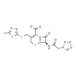 ChemSpider 2D Image | (6S,7R)-3-{[(5-Methyl-1,3,4-thiadiazol-2-yl)sulfanyl]methyl}-8-oxo-7-[(1H-tetrazol-1-ylacetyl)amino]-5-thia-1-azabicyclo[4.2.0]oct-2-ene-2-carboxylate | C14H13N8O4S3