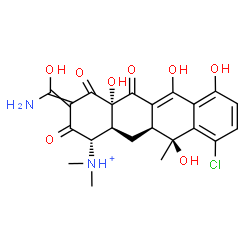 ChemSpider 2D Image | (1S,4aS,11S,11aS,12aS)-3-[Amino(hydroxy)methylene]-10-chloro-4a,6,7,11-tetrahydroxy-N,N,11-trimethyl-2,4,5-trioxo-1,2,3,4,4a,5,11,11a,12,12a-decahydro-1-tetracenaminium | C22H24ClN2O8
