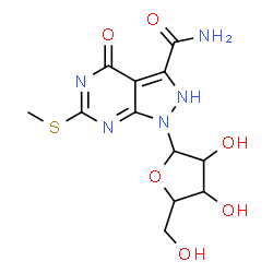 ChemSpider 2D Image | 6-(Methylsulfanyl)-4-oxo-1-pentofuranosyl-2,4-dihydro-1H-pyrazolo[3,4-d]pyrimidine-3-carboxamide | C12H15N5O6S