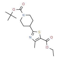 ChemSpider 2D Image | 2-Methyl-2-propanyl 4-[5-(ethoxycarbonyl)-4-methyl-1,3-thiazol-2-yl]-1-piperidinecarboxylate | C17H26N2O4S