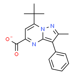 ChemSpider 2D Image | 2-Methyl-7-(2-methyl-2-propanyl)-3-phenylpyrazolo[1,5-a]pyrimidine-5-carboxylate | C18H18N3O2