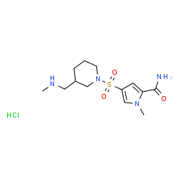 ChemSpider 2D Image | 1-Methyl-4-({3-[(methylamino)methyl]-1-piperidinyl}sulfonyl)-1H-pyrrole-2-carboxamide hydrochloride (1:1) | C13H23ClN4O3S