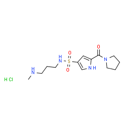 ChemSpider 2D Image | N-[3-(Methylamino)propyl]-5-(1-pyrrolidinylcarbonyl)-1H-pyrrole-3-sulfonamide hydrochloride (1:1) | C13H23ClN4O3S