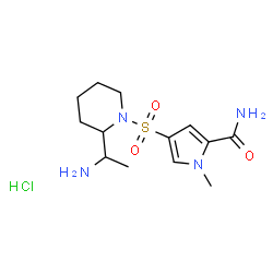 ChemSpider 2D Image | 4-{[2-(1-Aminoethyl)-1-piperidinyl]sulfonyl}-1-methyl-1H-pyrrole-2-carboxamide hydrochloride (1:1) | C13H23ClN4O3S