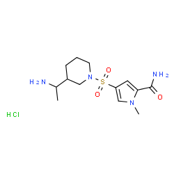 ChemSpider 2D Image | 4-{[3-(1-Aminoethyl)-1-piperidinyl]sulfonyl}-1-methyl-1H-pyrrole-2-carboxamide hydrochloride (1:1) | C13H23ClN4O3S