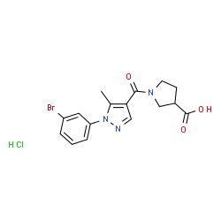 ChemSpider 2D Image | 1-{[1-(3-Bromophenyl)-5-methyl-1H-pyrazol-4-yl]carbonyl}-3-pyrrolidinecarboxylic acid hydrochloride (1:1) | C16H17BrClN3O3