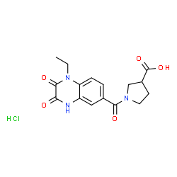 ChemSpider 2D Image | 1-[(1-Ethyl-2,3-dioxo-1,2,3,4-tetrahydro-6-quinoxalinyl)carbonyl]-3-pyrrolidinecarboxylic acid hydrochloride (1:1) | C16H18ClN3O5