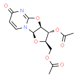 ChemSpider 2D Image | (2R,3R,3aS,9aR)-2-(Acetoxymethyl)-6-oxo-2,3,3a,9a-tetrahydro-6H-furo[2',3':4,5][1,3]oxazolo[3,2-a]pyrimidin-3-yl acetate | C13H14N2O7