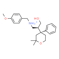 ChemSpider 2D Image | (2R)-2-[(4R)-2,2-Dimethyl-4-phenyltetrahydro-2H-pyran-4-yl]-3-hydroxy-N-(4-methoxybenzyl)-1-propanaminium | C24H34NO3