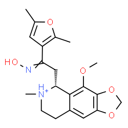 ChemSpider 2D Image | (5R)-5-[2-(2,5-Dimethyl-3-furyl)-2-(hydroxyimino)ethyl]-4-methoxy-6-methyl-5,6,7,8-tetrahydro[1,3]dioxolo[4,5-g]isoquinolin-6-ium | C20H25N2O5