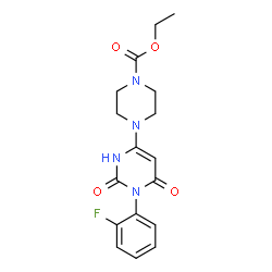 ChemSpider 2D Image | Ethyl 4-[1-(2-fluorophenyl)-2,6-dioxo-1,2,3,6-tetrahydro-4-pyrimidinyl]-1-piperazinecarboxylate | C17H19FN4O4
