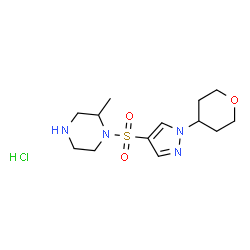 ChemSpider 2D Image | 2-Methyl-1-{[1-(tetrahydro-2H-pyran-4-yl)-1H-pyrazol-4-yl]sulfonyl}piperazine hydrochloride (1:1) | C13H23ClN4O3S