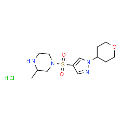 ChemSpider 2D Image | 3-Methyl-1-{[1-(tetrahydro-2H-pyran-4-yl)-1H-pyrazol-4-yl]sulfonyl}piperazine hydrochloride (1:1) | C13H23ClN4O3S