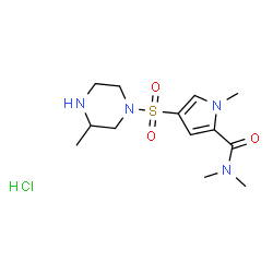ChemSpider 2D Image | N,N,1-Trimethyl-4-[(3-methyl-1-piperazinyl)sulfonyl]-1H-pyrrole-2-carboxamide hydrochloride (1:1) | C13H23ClN4O3S
