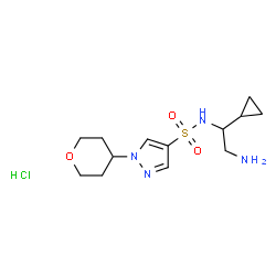 ChemSpider 2D Image | N-(2-Amino-1-cyclopropylethyl)-1-(tetrahydro-2H-pyran-4-yl)-1H-pyrazole-4-sulfonamide hydrochloride (1:1) | C13H23ClN4O3S