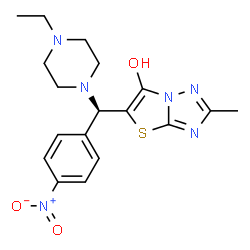 ChemSpider 2D Image | 5-[(R)-(4-Ethyl-1-piperazinyl)(4-nitrophenyl)methyl]-2-methyl[1,3]thiazolo[3,2-b][1,2,4]triazol-6-ol | C18H22N6O3S