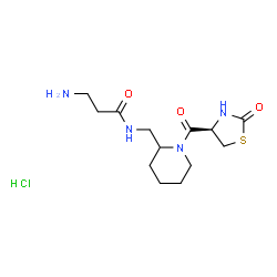 ChemSpider 2D Image | N-[(1-{[(4R)-2-Oxo-1,3-thiazolidin-4-yl]carbonyl}-2-piperidinyl)methyl]-beta-alaninamide hydrochloride (1:1) | C13H23ClN4O3S