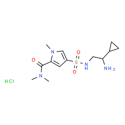 ChemSpider 2D Image | 4-[(2-Amino-2-cyclopropylethyl)sulfamoyl]-N,N,1-trimethyl-1H-pyrrole-2-carboxamide hydrochloride (1:1) | C13H23ClN4O3S