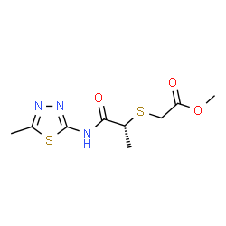 ChemSpider 2D Image | Methyl ({(2R)-1-[(5-methyl-1,3,4-thiadiazol-2-yl)amino]-1-oxo-2-propanyl}sulfanyl)acetate | C9H13N3O3S2